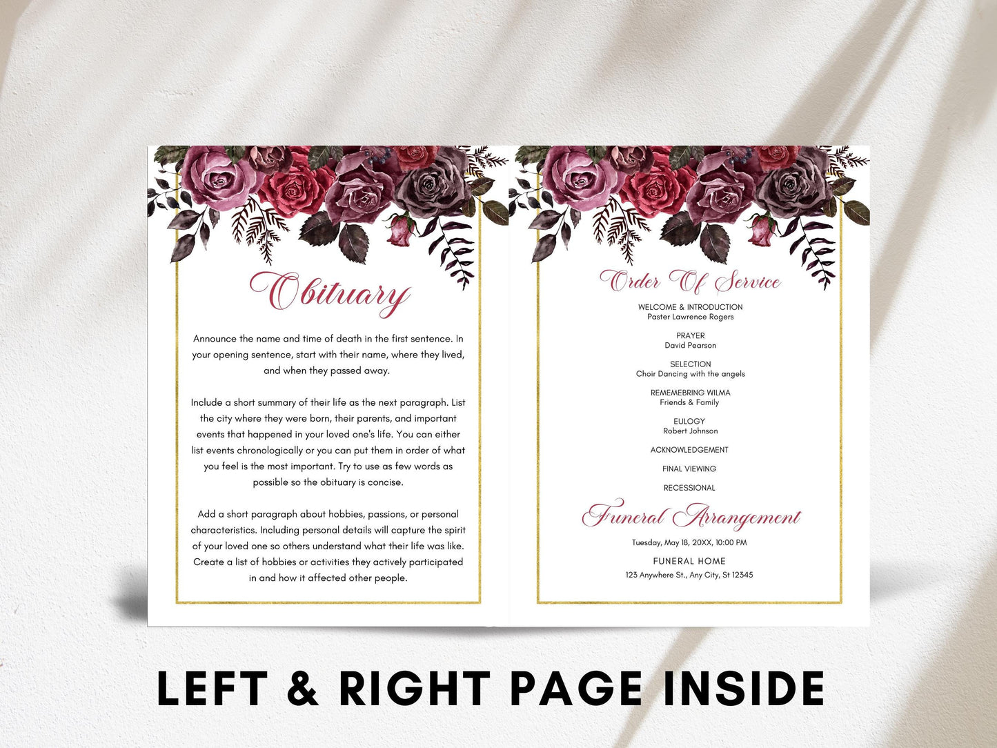 Editable Funeral Program Template, Bi-Fold Obituary, Celebration of Life (Digital Download)