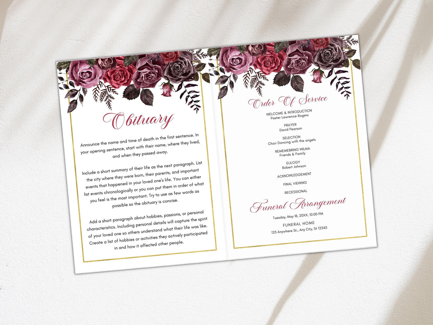 Editable Funeral Program Template, Bi-Fold Obituary, Celebration of Life (Digital Download)
