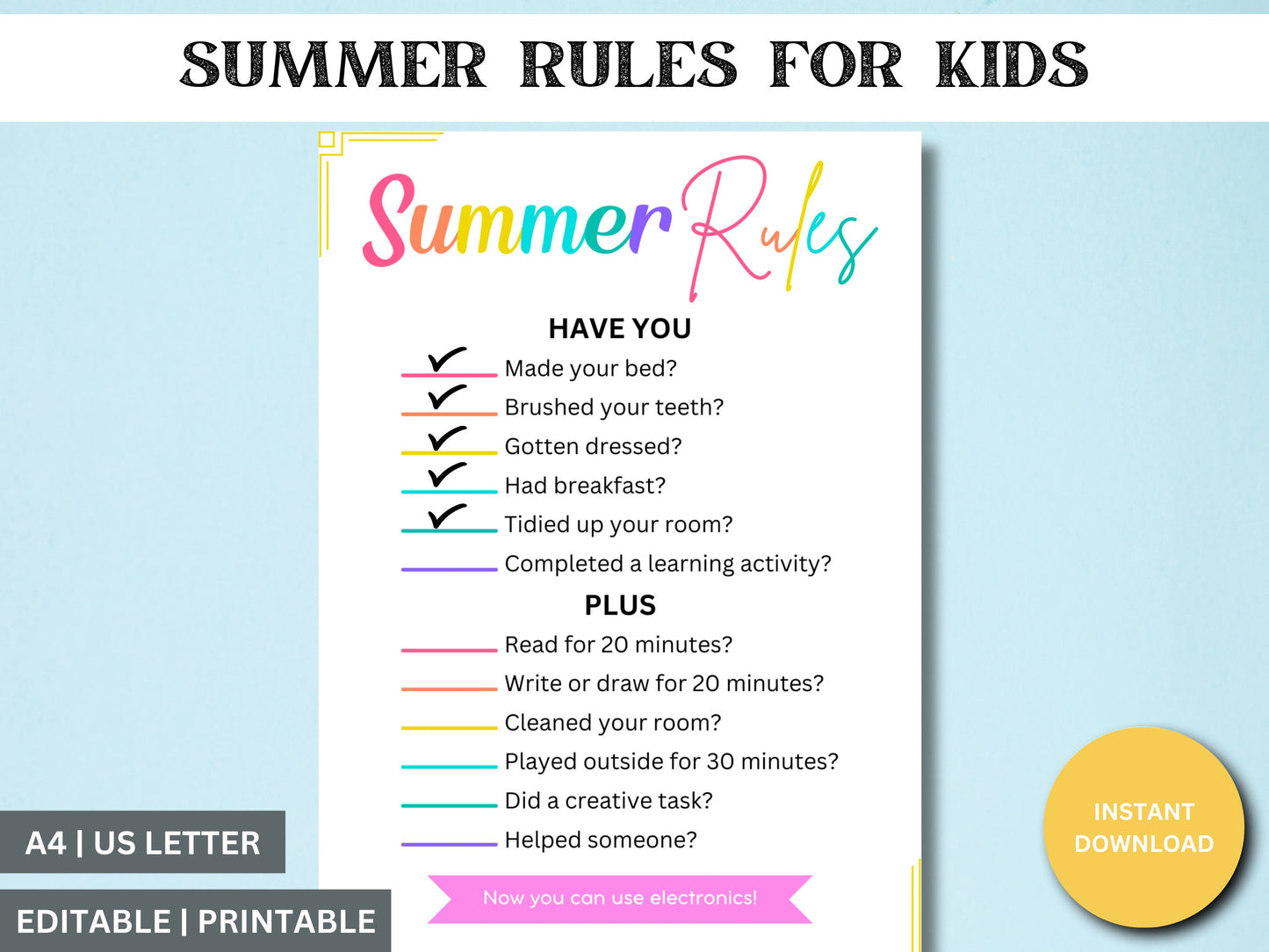 Summer Rules Checklist: Kids Screen Time Tracker (PDF)