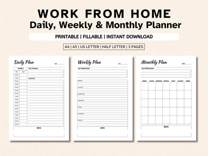 Agenda de télétravail : journalier, hebdomadaire, mensuel (téléchargement numérique)