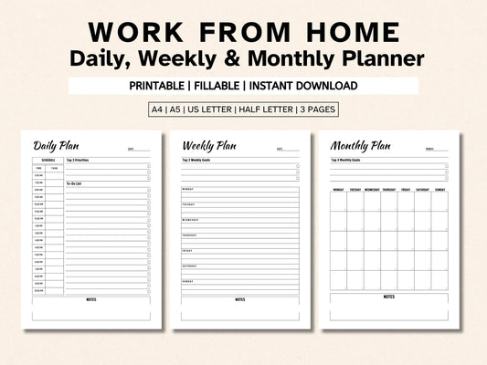 Work From Home Planner: Daily, Weekly, Monthly (Digital Download)