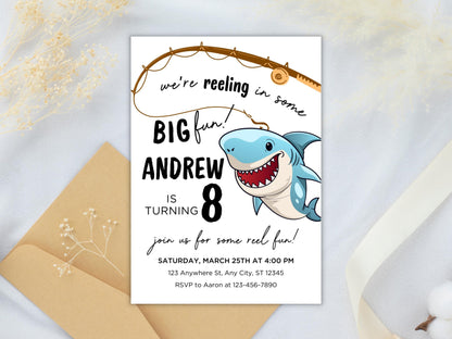 Geburtstagseinladung zum Thema Angeln, Hai-Motiv, bearbeitbare E-Einladung (digitaler Download)