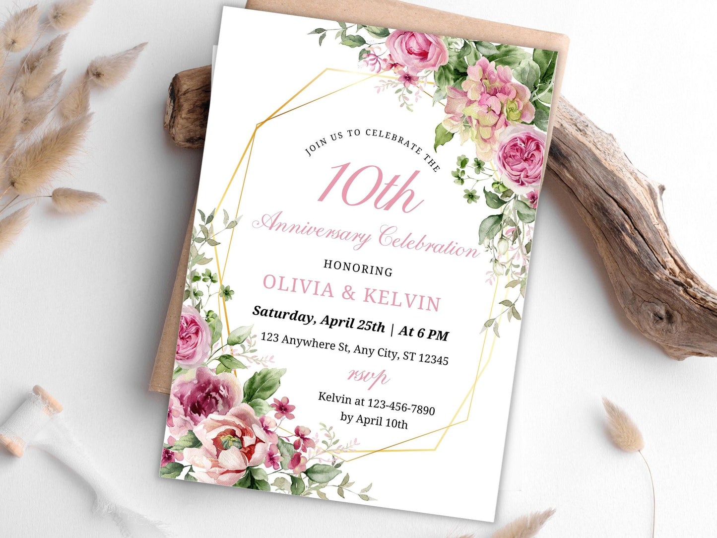 Greenery Floral 10th Anniversary Invitation Template (Editable, Printable)