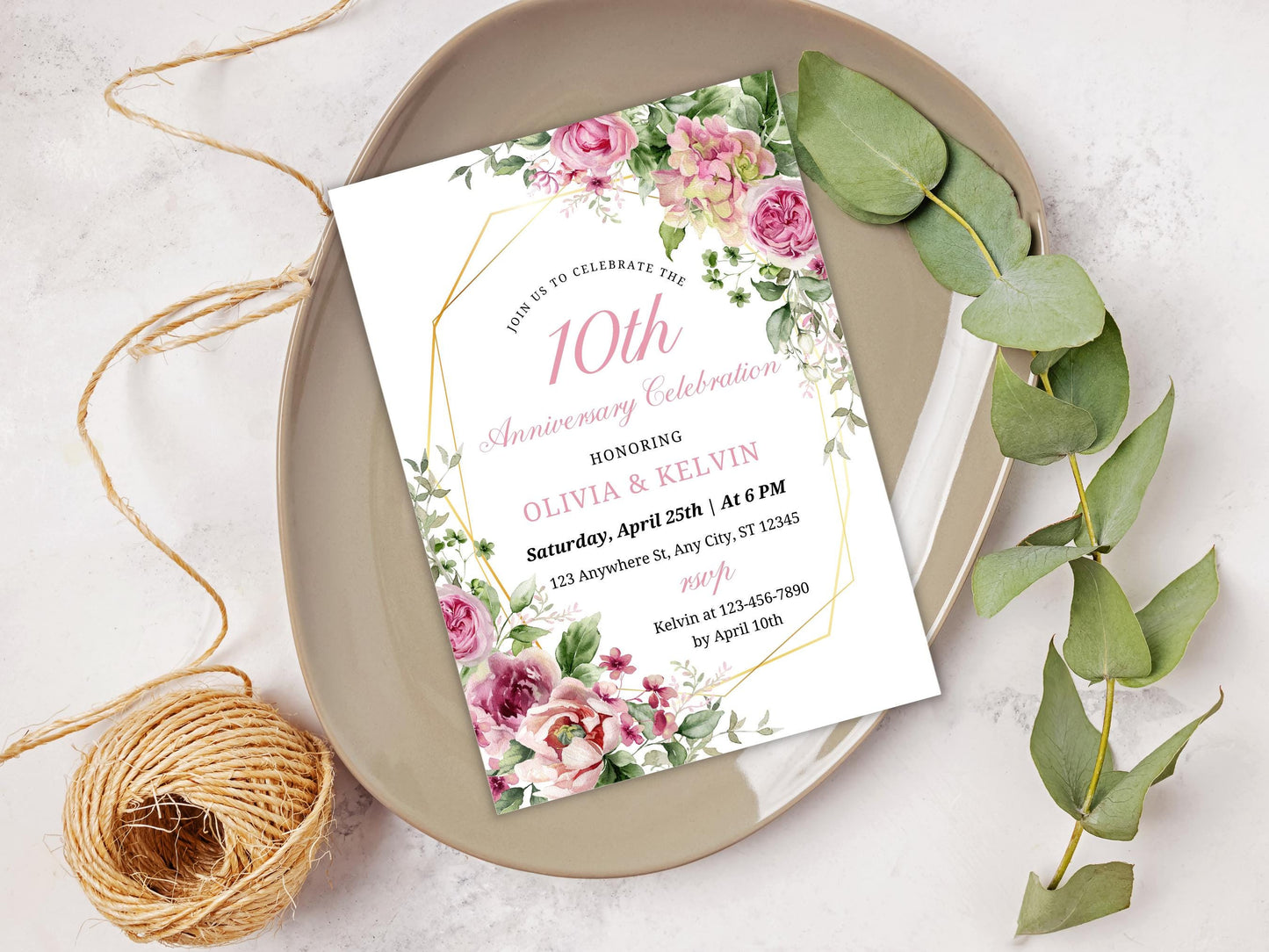 Greenery Floral 10th Anniversary Invitation Template (Editable, Printable)