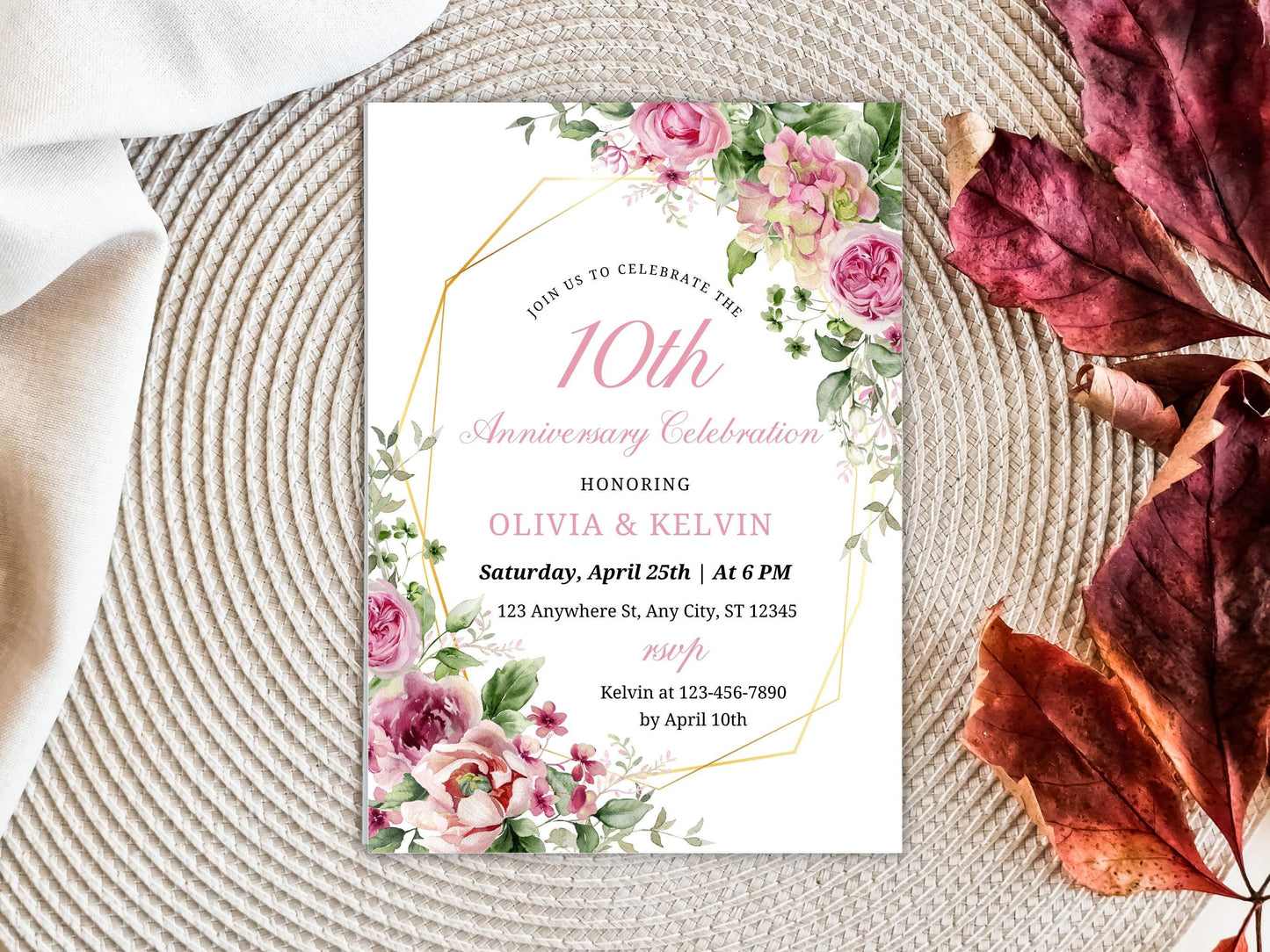 Greenery Floral 10th Anniversary Invitation Template (Editable, Printable)