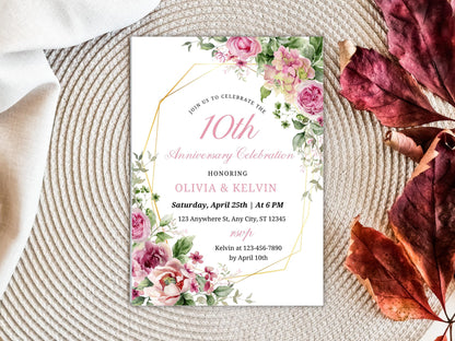 Greenery Floral 10th Anniversary Invitation Template (Editable, Printable)