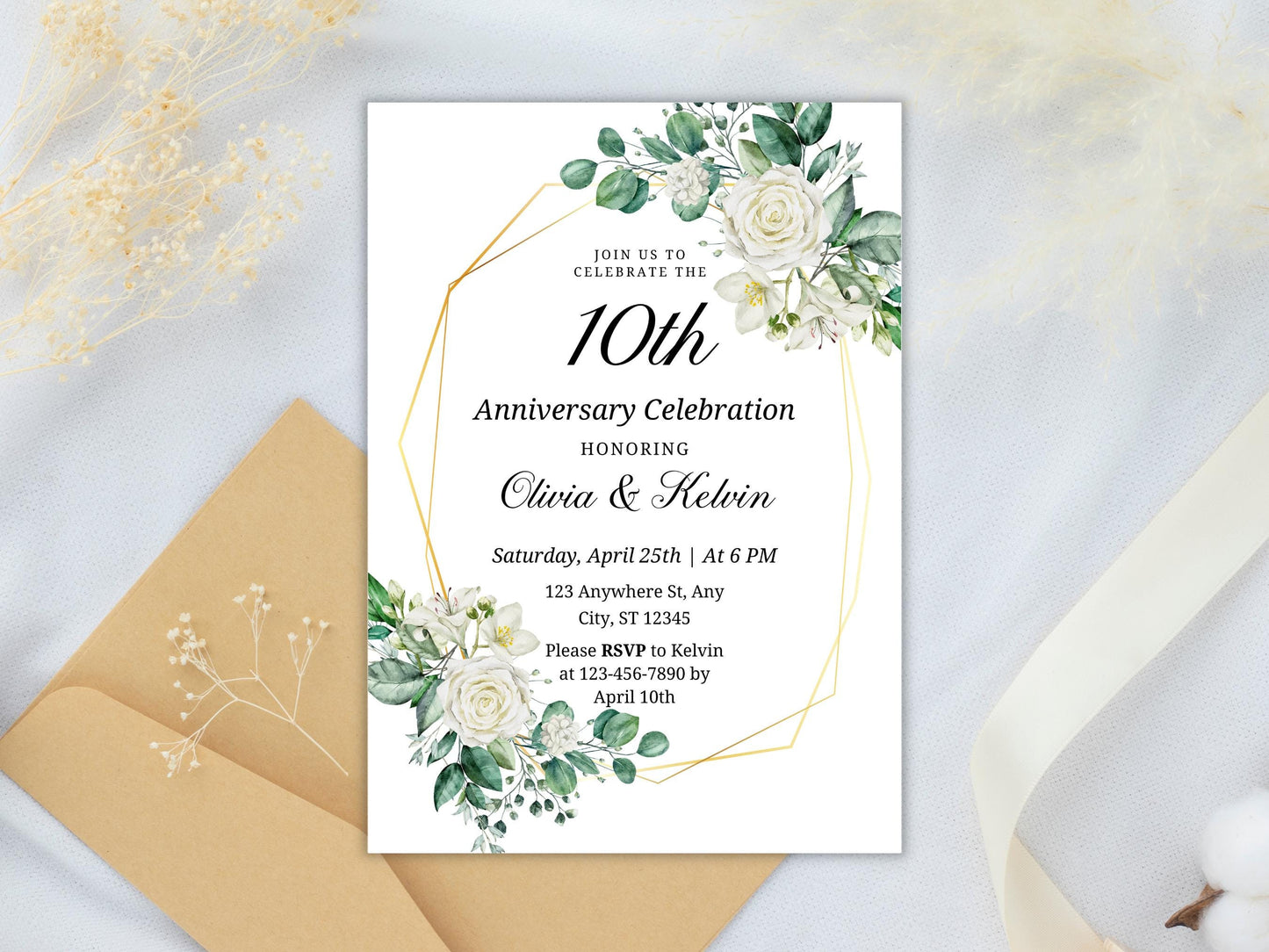 Greenery 10th Anniversary Invitation Template (Digital Download)