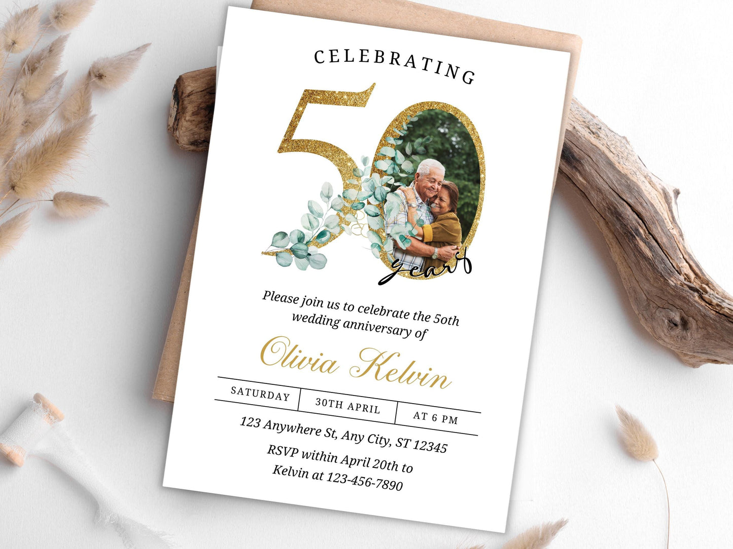 Greenery 50th Anniversary Invitation Template, Editable (PDF)