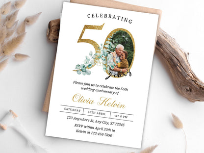 Greenery 50th Anniversary Invitation Template, Editable (PDF)