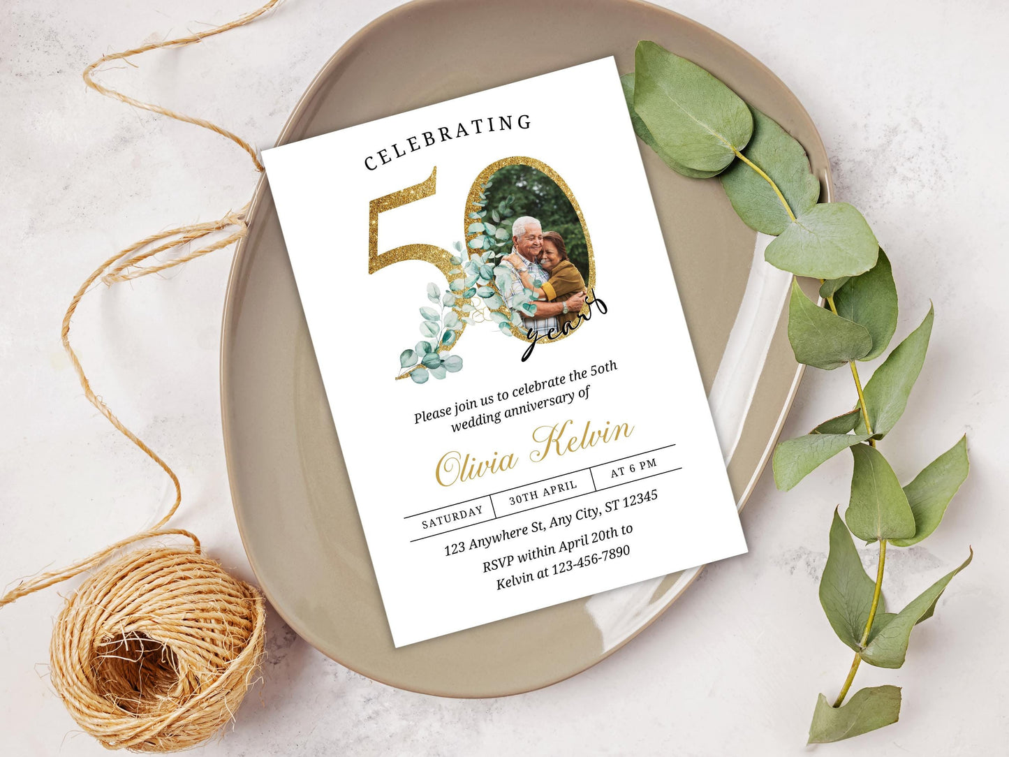 Greenery 50th Anniversary Invitation Template, Editable (PDF)