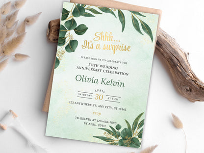 50th Anniversary Invitation Template, Greenery Invite (Editable, Printable)
