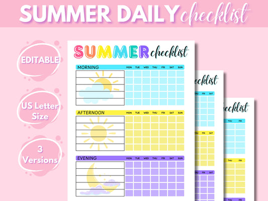 Editable Summer Checklist for Kids, Colorful Chore Chart (PDF)