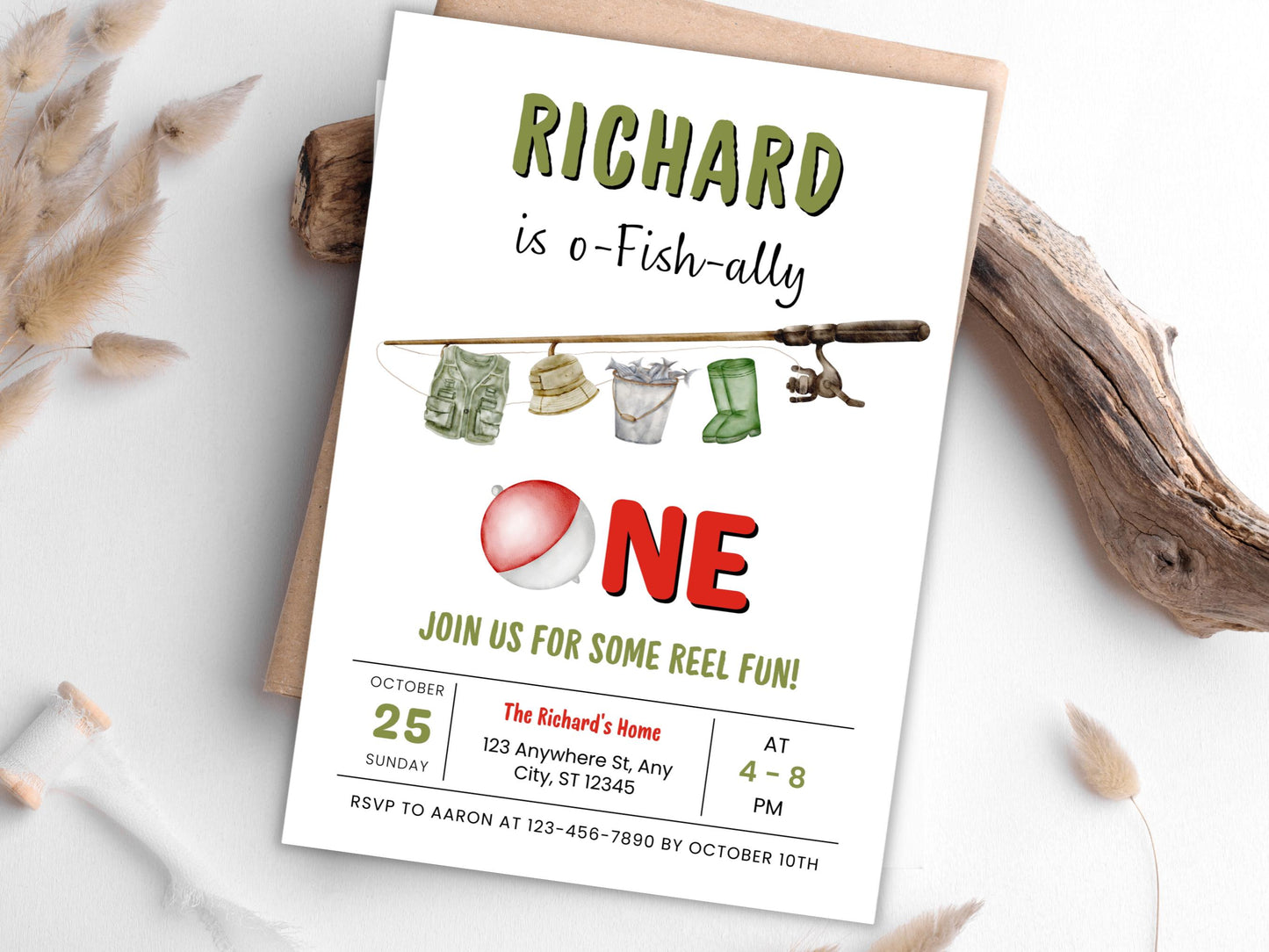 Fishing 1st Birthday Invitation, O-Fish-Ally One, Editable Template (PDF)