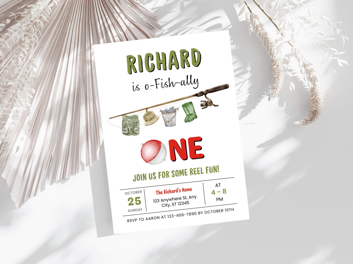 Fishing 1st Birthday Invitation, O-Fish-Ally One, Editable Template (PDF)