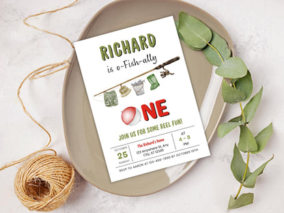 Fishing 1st Birthday Invitation, O-Fish-Ally One, Editable Template (PDF)