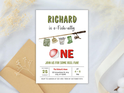 Fishing 1st Birthday Invitation, O-Fish-Ally One, Editable Template (PDF)