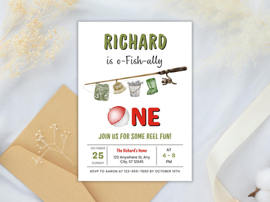 Fishing 1st Birthday Invitation, O-Fish-Ally One, Editable Template (PDF)