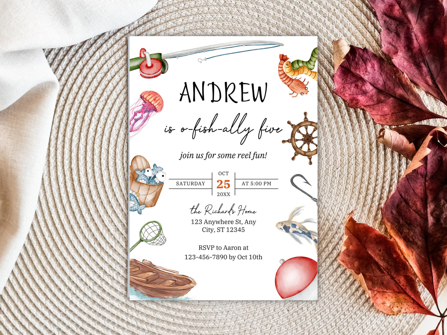 Invitation d'anniversaire sur le thème de la pêche, O-Fish-Ally One, modèle modifiable (téléchargement numérique)