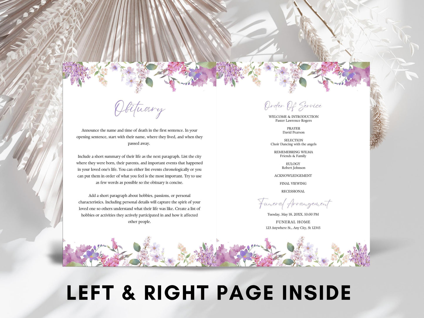 Editable Floral Funeral Program Template, Bi-Fold Obituary (Digital Download)