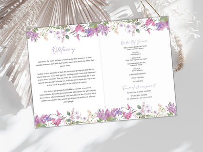 Editable Floral Funeral Program Template, Bi-Fold Obituary (Digital Download)