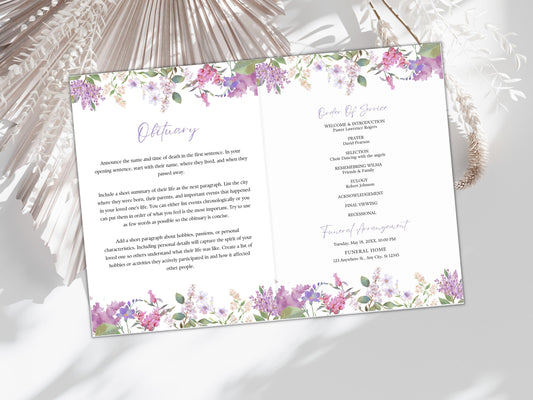 Editable Floral Funeral Program Template, Bi-Fold Obituary (Digital Download)