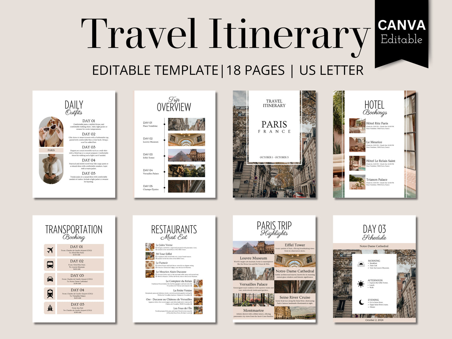 Editable Paris Travel Itinerary Template: Vacation Planner (Digital Download)