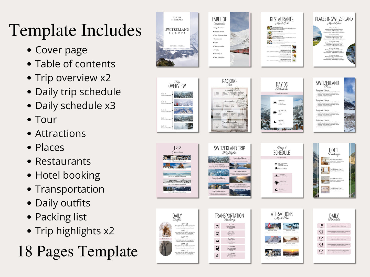 Editable Switzerland Travel Itinerary Template (Canva, PDF)