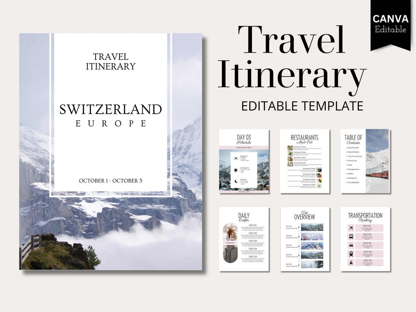 Editable Switzerland Travel Itinerary Template (Canva, PDF)