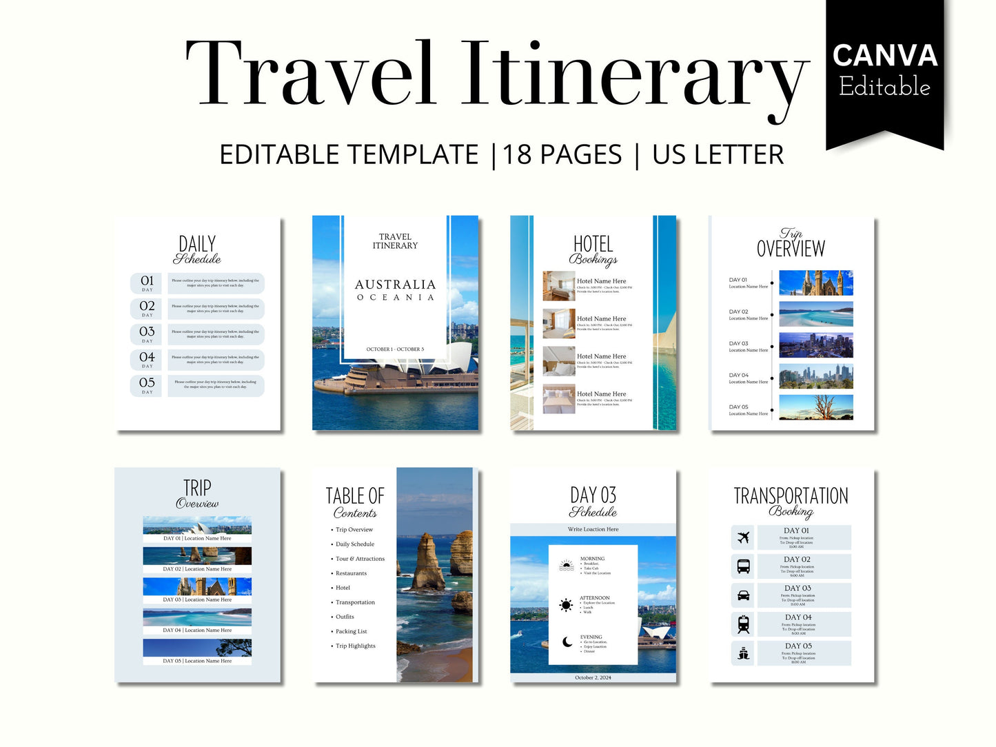 Editable Australia Travel Itinerary Template (PDF)
