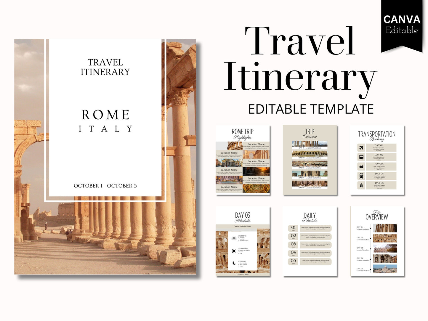 Editable Rome Travel Itinerary Template (PDF)