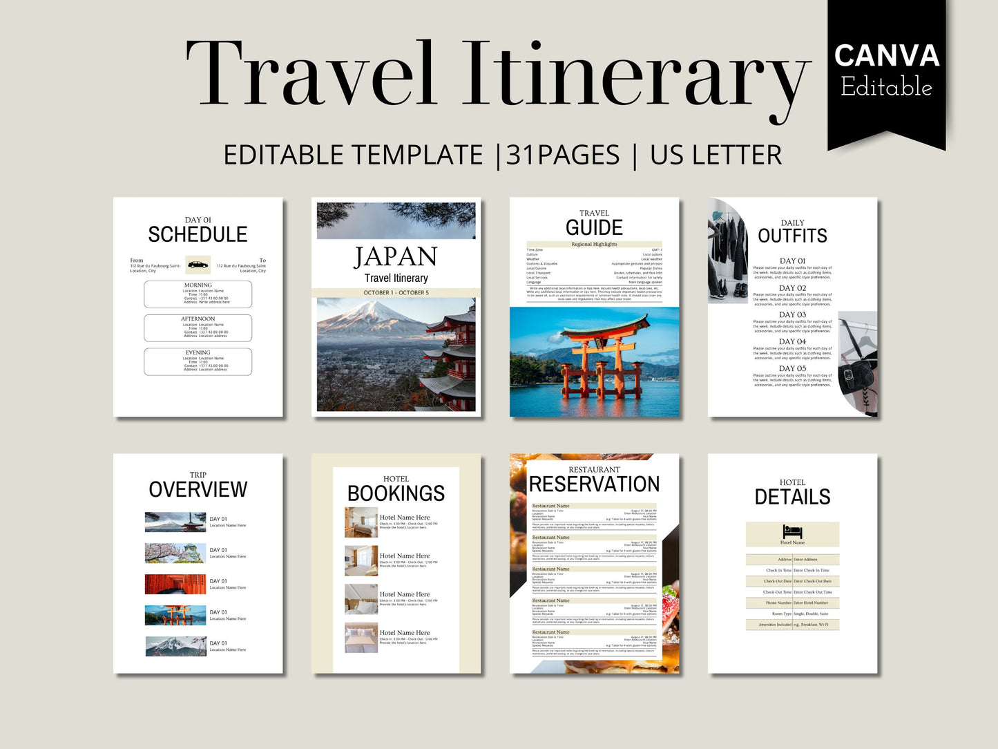 Editable Japan Travel Itinerary Template: Vacation Planner (PDF)