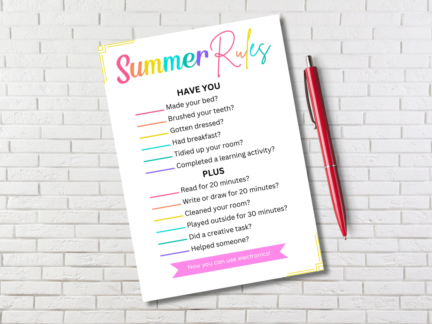 Summer Rules Checklist: Kids Screen Time Tracker (PDF)