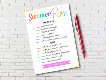 Summer Rules Checklist: Kids Screen Time Tracker (PDF)