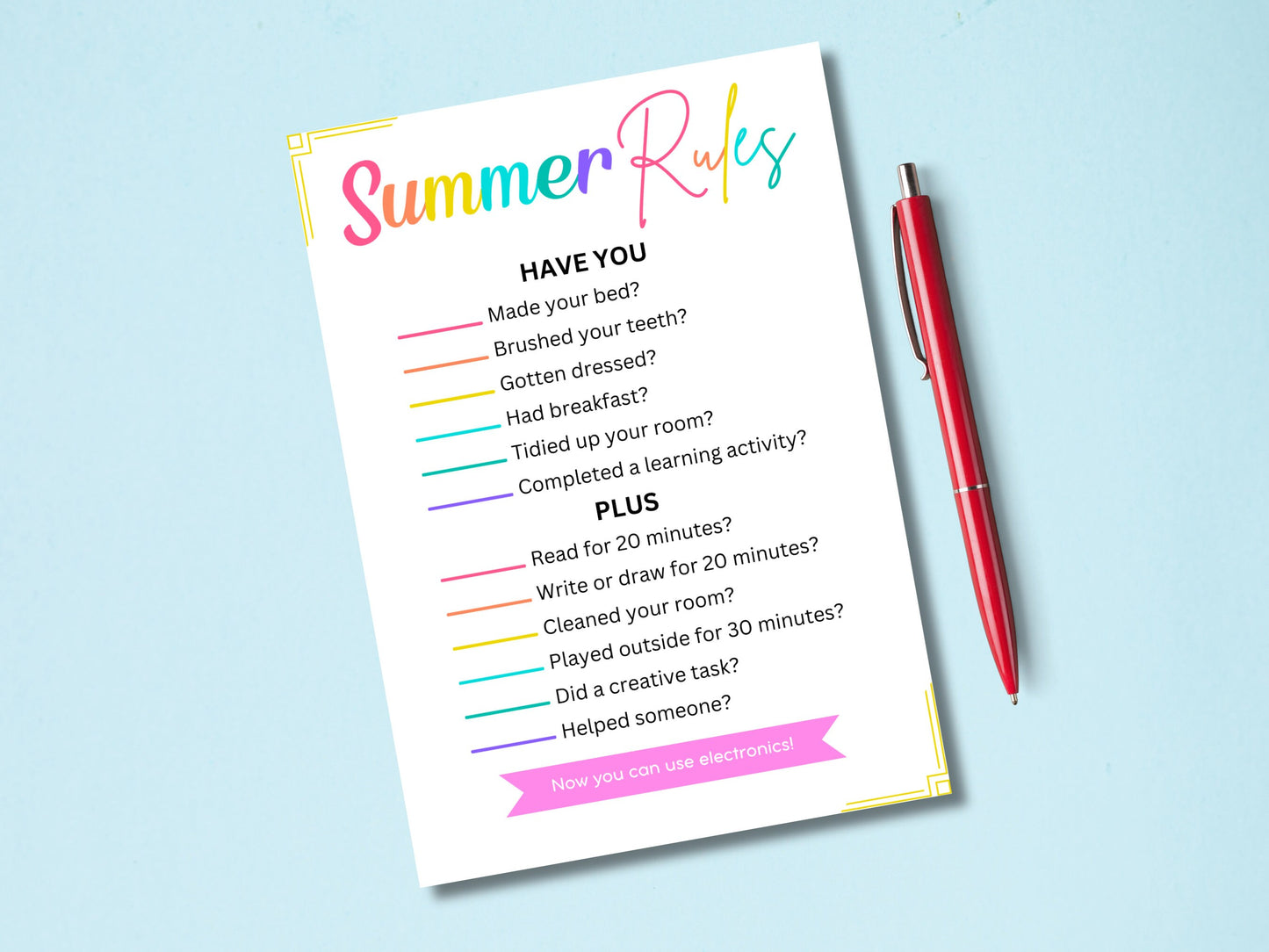 Summer Rules Checklist: Kids Screen Time Tracker (PDF)