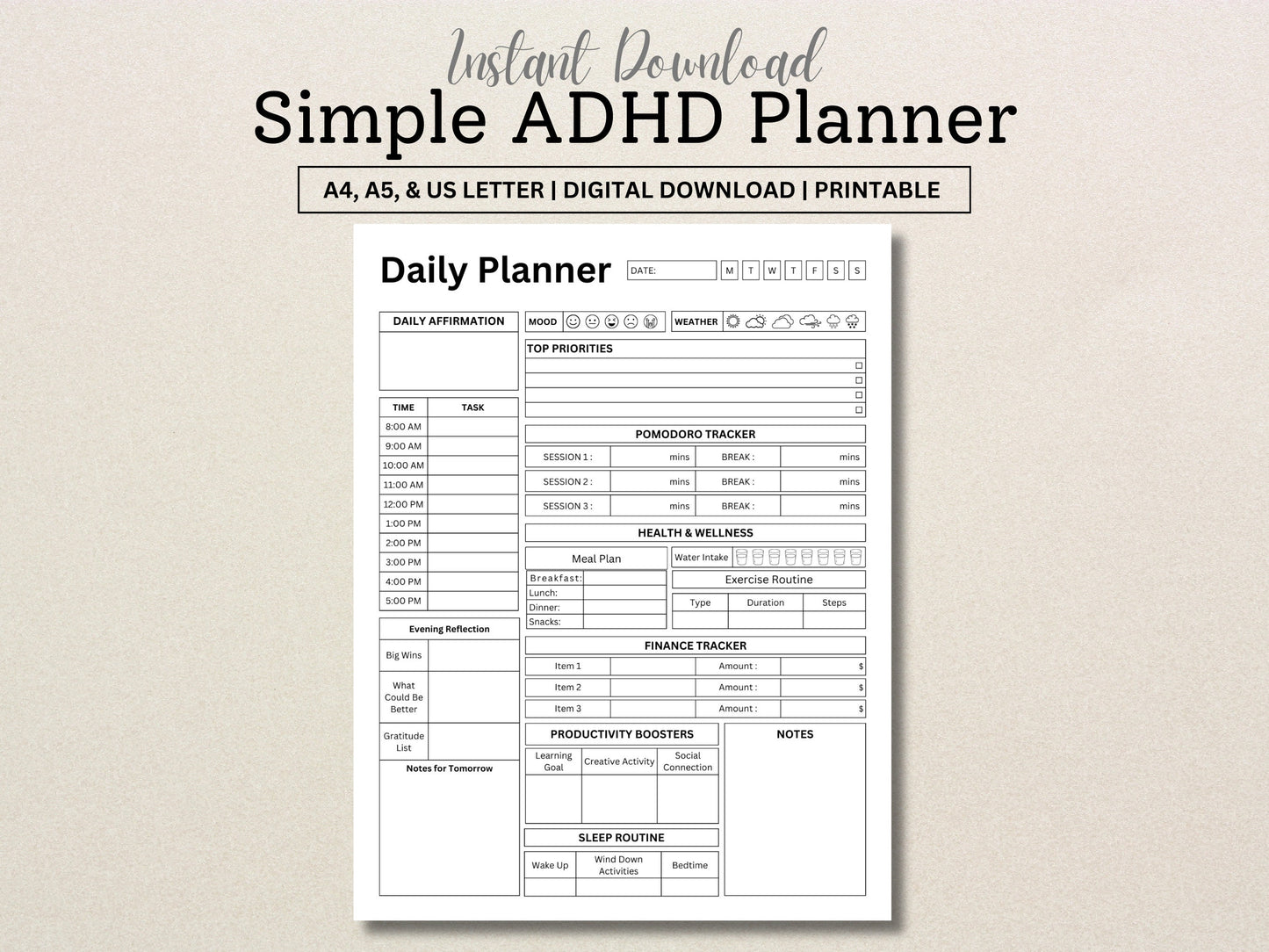 Editable ADHD Planner Set: Hourly, Organized, Printable (Digital Download)