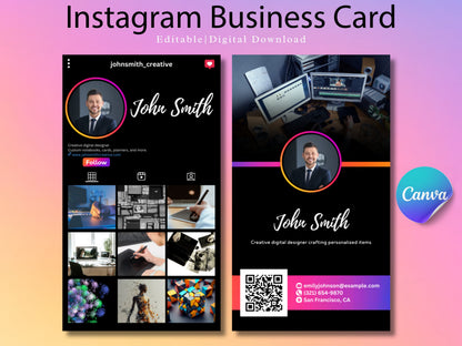 QR Code Instagram Business Card Template: Minimalist DIY Design (Canva Editable)
