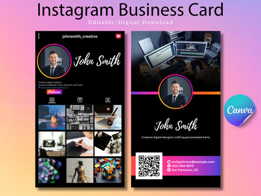 QR Code Instagram Business Card Template: Minimalist DIY Design (Canva Editable)