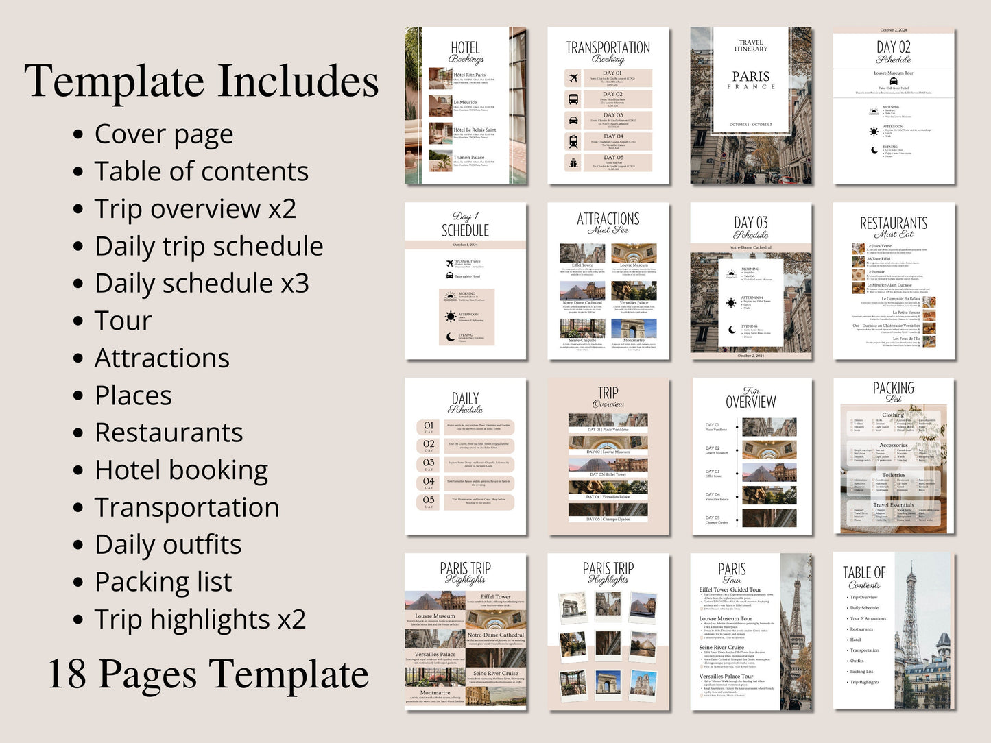 Editable Paris Travel Itinerary Template: Vacation Planner (Digital Download)