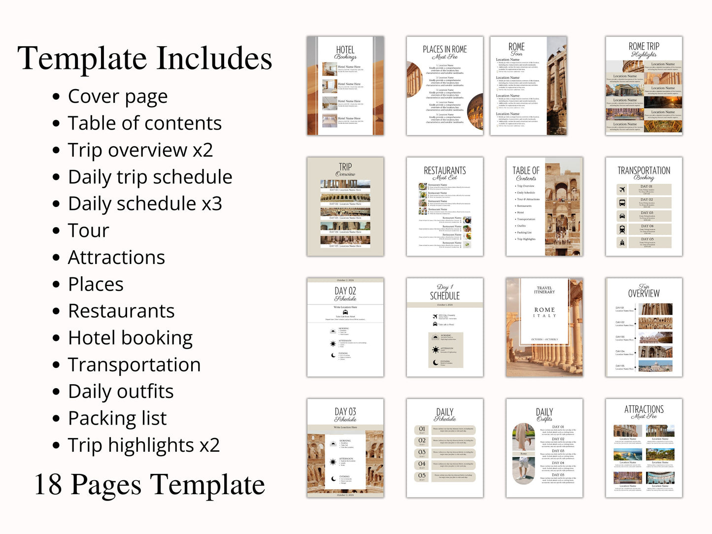 Editable Rome Travel Itinerary Template (PDF)