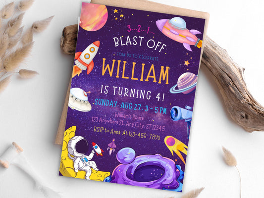 Space Birthday Invitation Template, Astronaut Galaxy Party (PDF)