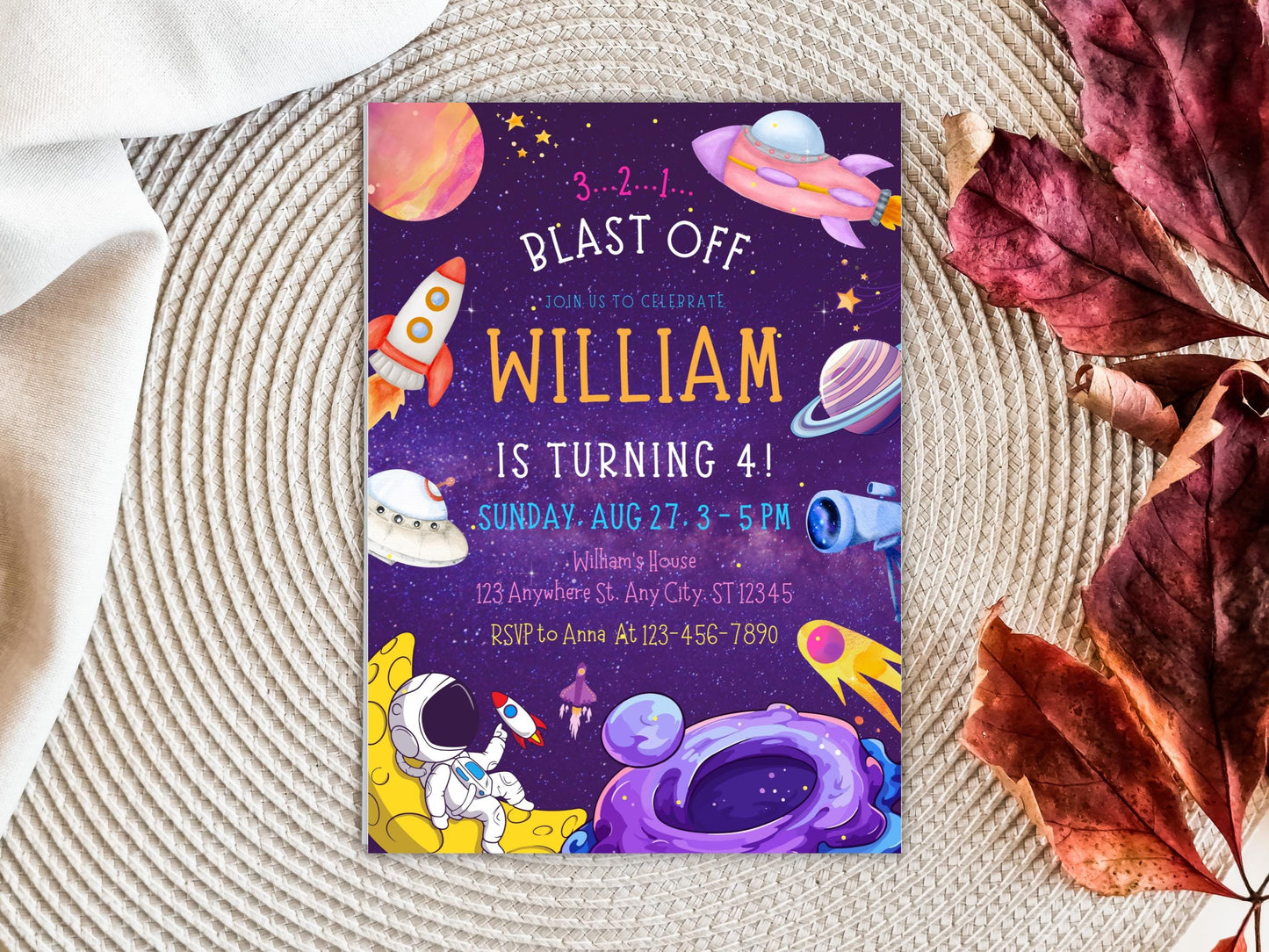 Space Birthday Invitation Template, Astronaut Galaxy Party (PDF)