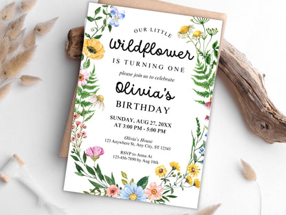 Wildflower Girl 1st Birthday Invitation, Floral Party Invite (PDF)
