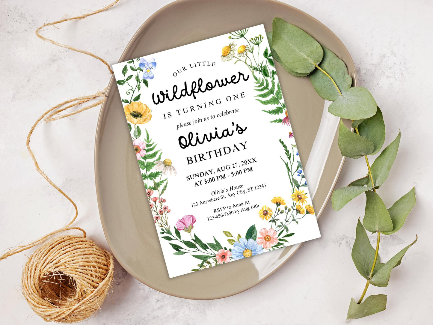 Wildflower Girl 1st Birthday Invitation, Floral Party Invite (PDF)