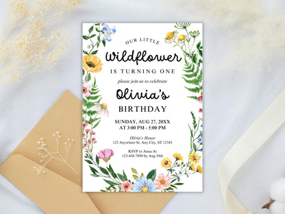 Wildflower Girl 1st Birthday Invitation, Floral Party Invite (PDF)