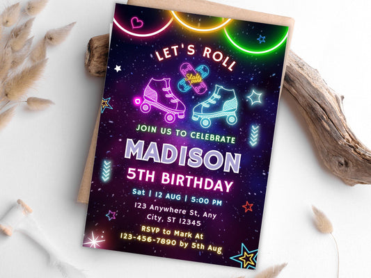 Retro Neon Roller Skate Birthday Invitation Template (Editable)