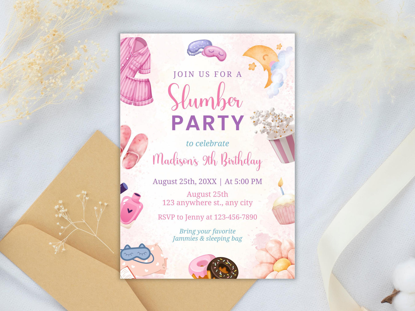 Slumber Party Birthday Invitation Template: Editable Sleepover Invite (PDF)