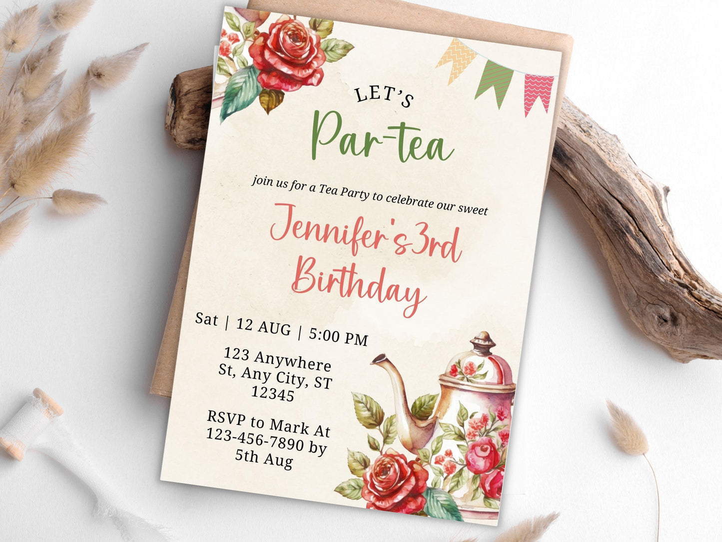 Floral Tea Party Birthday Invitation: Editable Par-Tea Invite (Digital Download)