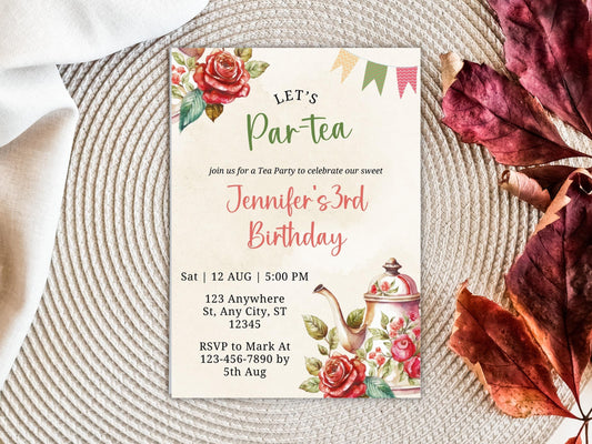 Floral Tea Party Birthday Invitation: Editable Par-Tea Invite (Digital Download)