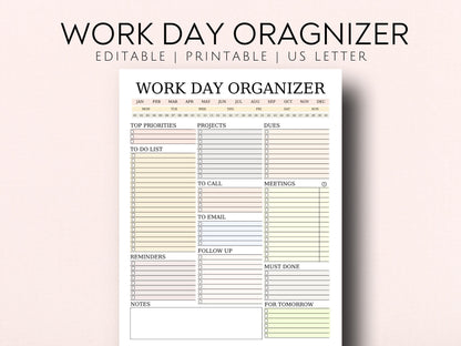 Work Day Planner: Printable To-Do List, Editable in Canva (US Letter) (Digital Download)