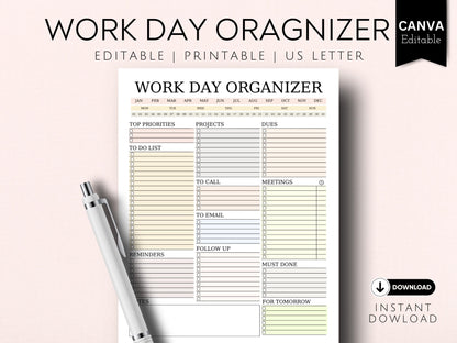 Work Day Planner: Printable To-Do List, Editable in Canva (US Letter) (Digital Download)